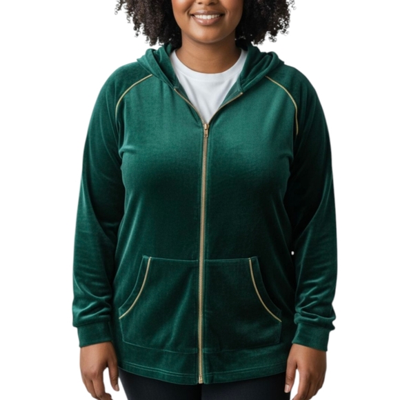 Quacker Factory Kelly green velour gold bling track lightweight jacket NWT sz 2X - Picture 1 of 8